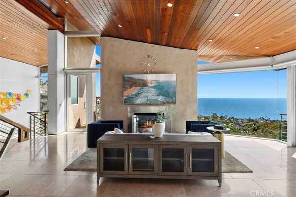 Fireplace, Interior, Recessed Lighting, Water, Wooden Ceilings