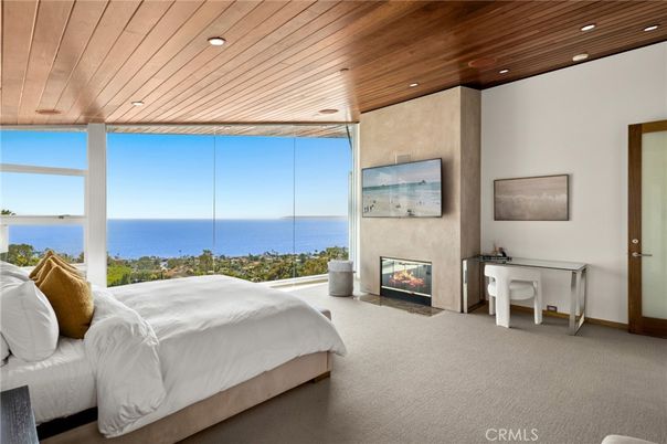 Bedroom, Fireplace, Interior, Recessed Lighting, Water, Wooden Ceilings