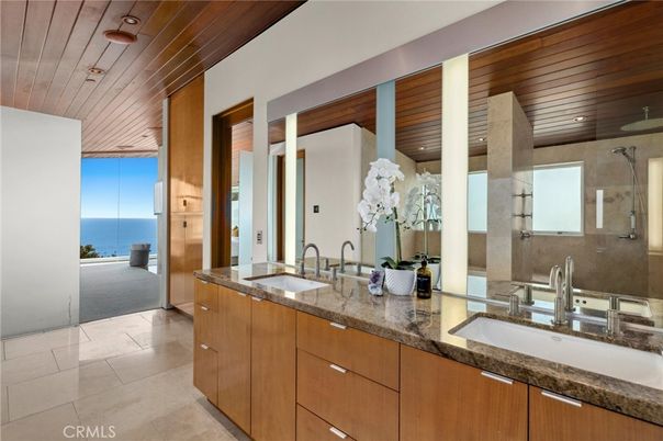 Bathroom, Dual Sink Vanities, Interior, Recessed Lighting, Water, Wooden Ceilings