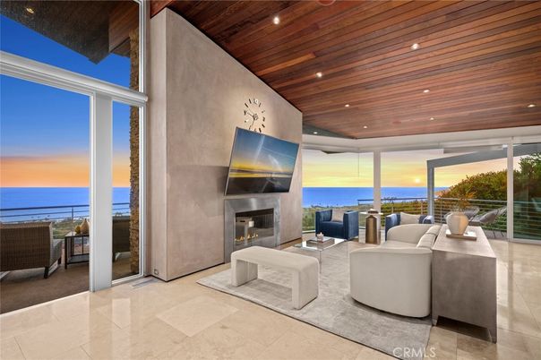Fireplace, Interior, Living room, Recessed Lighting, Water, Wooden Ceilings