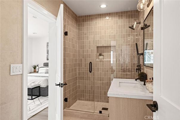 Bathroom, Glass Shower, Interior, Recessed Lighting, Wood Texture Flooring