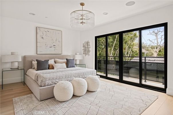 Bedroom, Chandelier, Interior, Recessed Lighting, Wood Texture Flooring