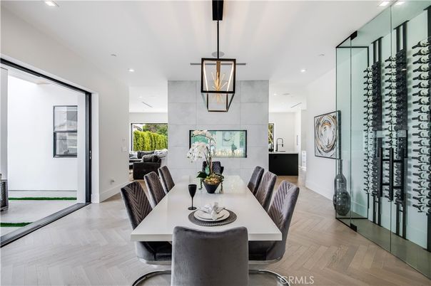 Dining room, Interior, Pendant Lights, Recessed Lighting, Wine Storage, Wood Texture Flooring