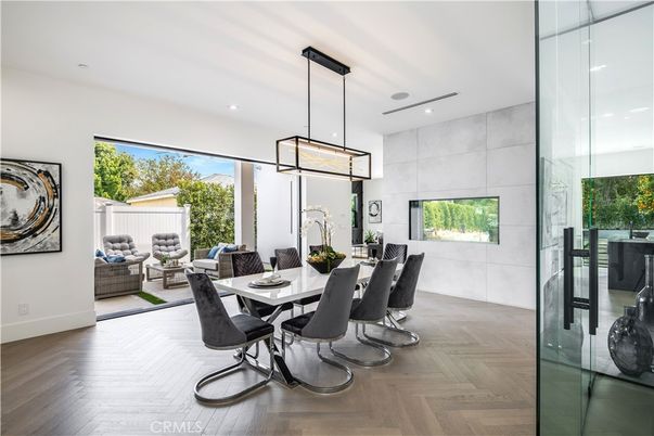 Dining room, Interior, Pendant Lights, Recessed Lighting, Wood Texture Flooring