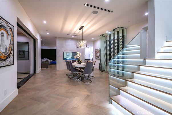 Dining room, Interior, Pendant Lights, Recessed Lighting, Wood Texture Flooring