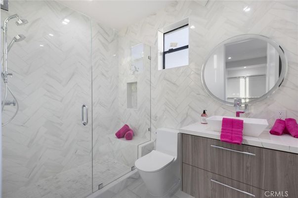 Bathroom, Glass Shower, Interior, Marble Walls, Recessed Lighting