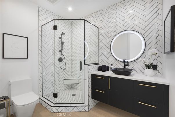 Bathroom, Glass Shower, Interior, Recessed Lighting, Wood Texture Flooring