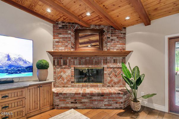 Fireplace, Interior, Recessed Lighting, Stone Walls, Wooden Beams, Wooden Ceilings, Wood Texture Flooring