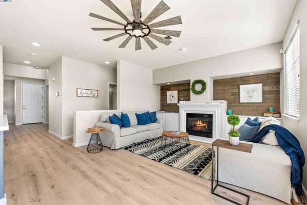 Fireplace, Interior, Living room, Recessed Lighting, Wood Texture Flooring, Wooden Walls