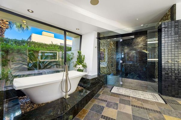 Bathroom, Free Standing Baths, Glass Shower, Interior, Recessed Lighting