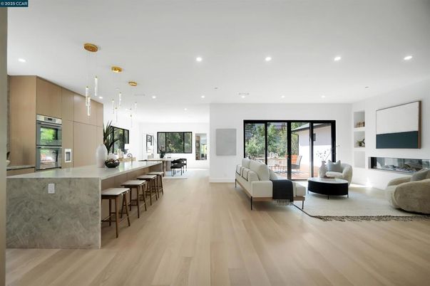 Fireplace, Interior, Kitchen, Living room, Pendant Lights, Recessed Lighting, Wood Texture Flooring