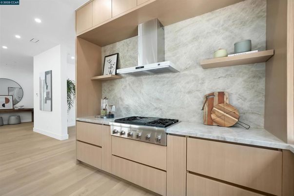 Interior, Kitchen, Marble Walls, Recessed Lighting, Wood Texture Flooring