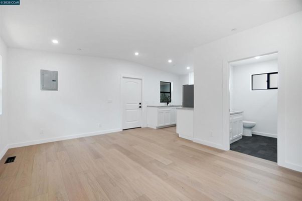 Bathroom, Empty room, Interior, Recessed Lighting, Wood Texture Flooring