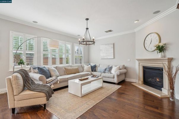 Chandelier, Fireplace, Interior, Living room, Recessed Lighting, Wood Texture Flooring