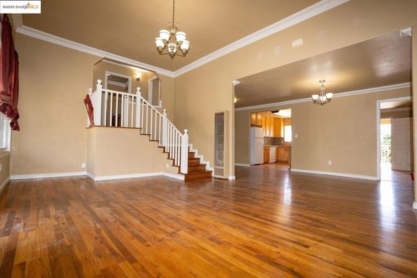 Chandelier, Empty room, Interior, Pendant Lights, Wood Texture Flooring