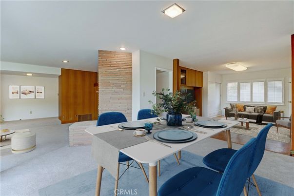 Dining room, Interior, Living room, Recessed Lighting, Stone Walls