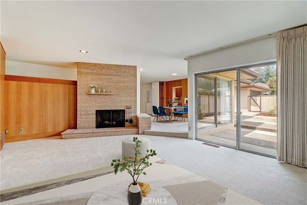 Dining room, Fireplace, Interior, Living room, Recessed Lighting, Stone Walls