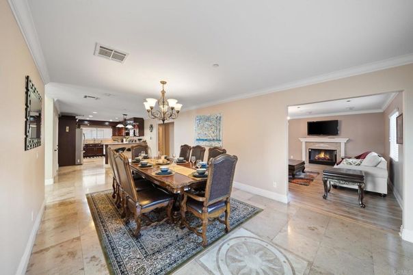Chandelier, Dining room, Fireplace, Interior, Kitchen, Living room, Recessed Lighting
