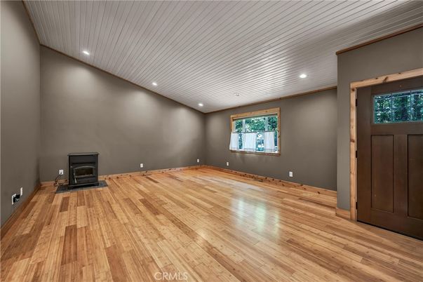 Empty room, Fireplace, Interior, Recessed Lighting, Wood Texture Flooring