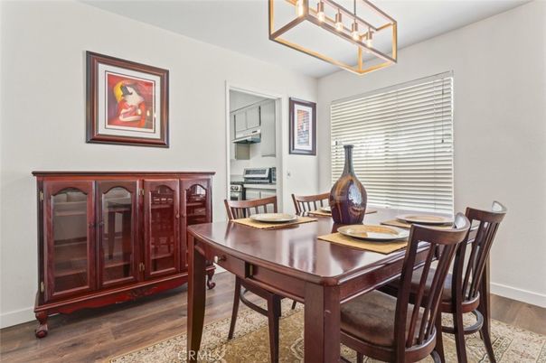 Dining room, Interior, Pendant Lights, Wood Texture Flooring