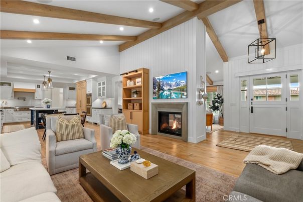 Fireplace, Interior, Kitchen, Living room, Pendant Lights, Recessed Lighting, Wooden Beams, Wood Texture Flooring