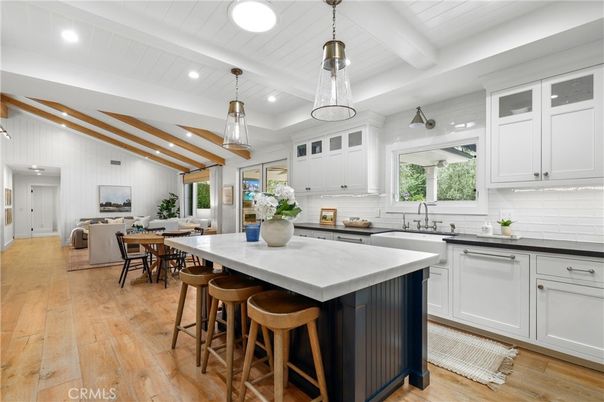 Dining room, Interior, Kitchen, Living room, Pendant Lights, Recessed Lighting, Stainless Steel Appliances, Wooden Beams, Wood Texture Flooring