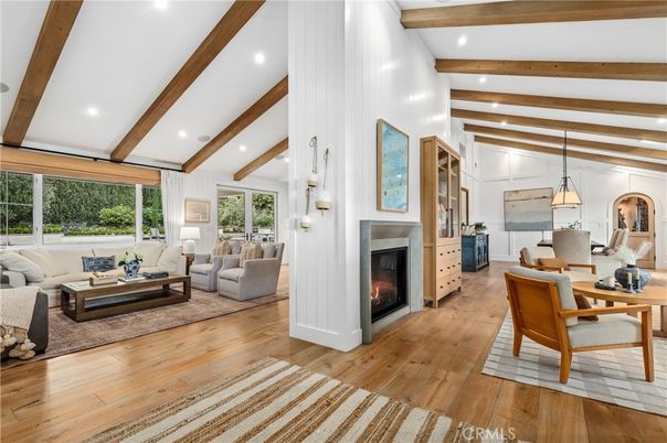 Fireplace, Interior, Living room, Pendant Lights, Recessed Lighting, Wooden Beams, Wood Texture Flooring