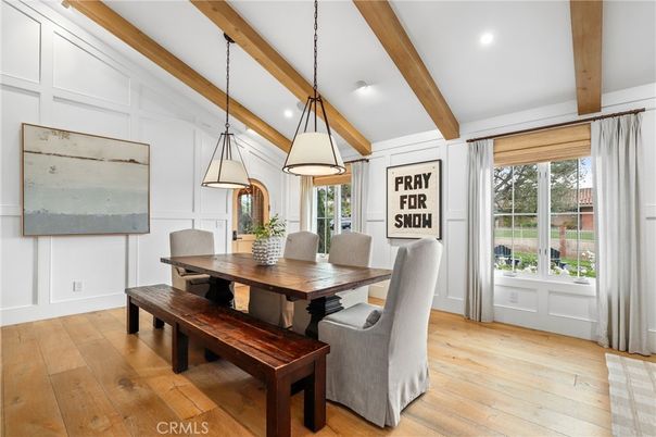 Dining room, Interior, Pendant Lights, Recessed Lighting, Wooden Beams, Wood Texture Flooring