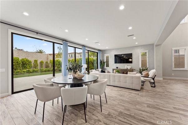 Dining room, Interior, Living room, Recessed Lighting, Wood Texture Flooring