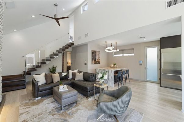 Dining room, Interior, Kitchen, Living room, Pendant Lights, Recessed Lighting, Stainless Steel Appliances, Wood Texture Flooring