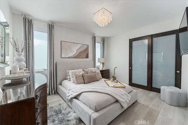 Bedroom, Chandelier, Interior, Wood Texture Flooring
