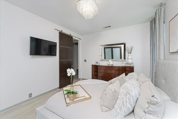 Bedroom, Chandelier, Interior, Wood Texture Flooring