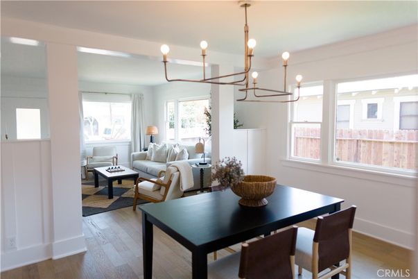 Dining room, Interior, Living room, Pendant Lights, Wood Texture Flooring