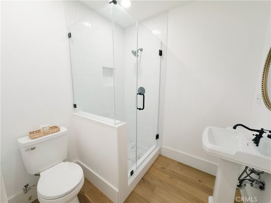 Bathroom, Glass Shower, Interior, Wood Texture Flooring