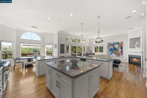 Dining room, Fireplace, Interior, Kitchen, Living room, Pendant Lights, Recessed Lighting, Wood Texture Flooring