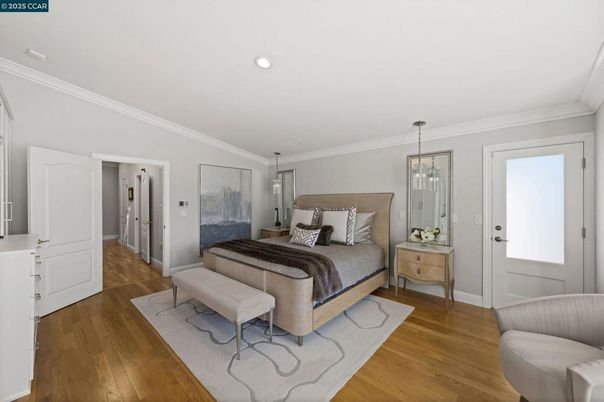Bedroom, Interior, Pendant Lights, Recessed Lighting, Wood Texture Flooring