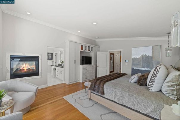 Bedroom, Fireplace, Interior, Pendant Lights, Recessed Lighting, Wood Texture Flooring