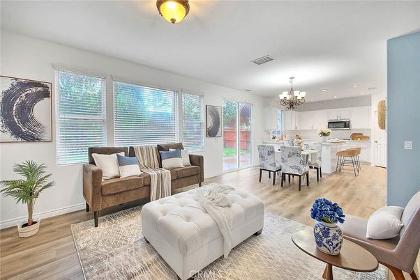 Chandelier, Dining room, Interior, Kitchen, Living room, Recessed Lighting, Wood Texture Flooring
