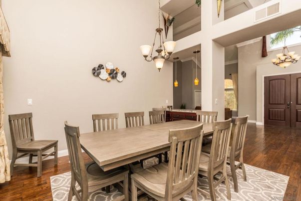 Dining room, Interior, Pendant Lights, Wood Texture Flooring