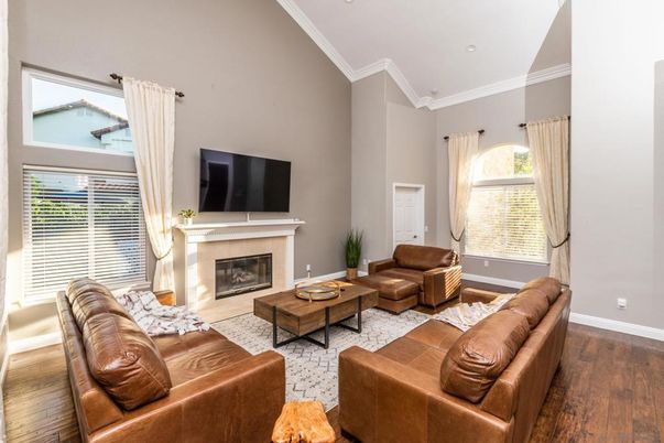 Fireplace, Interior, Living room, Recessed Lighting, Wood Texture Flooring