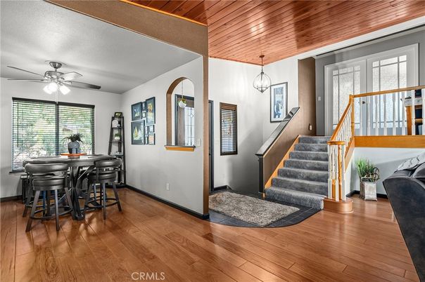 Dining room, Interior, Pendant Lights, Wooden Ceilings, Wood Texture Flooring