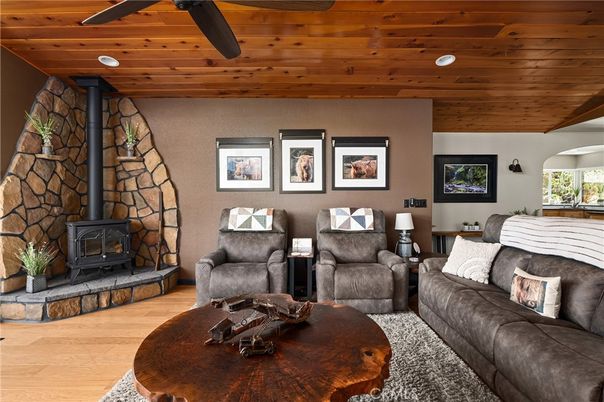 Fireplace, Interior, Living room, Recessed Lighting, Stone Walls, Wooden Ceilings, Wood Texture Flooring