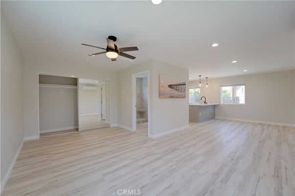 Empty room, Interior, Pendant Lights, Recessed Lighting, Wood Texture Flooring