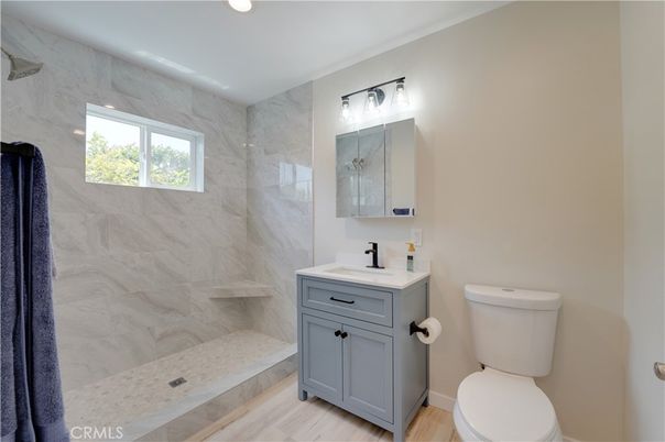 Bathroom, Interior, Marble Walls, Recessed Lighting, Wood Texture Flooring