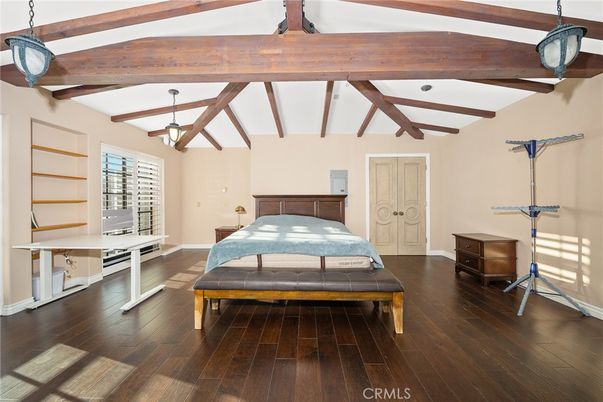 Bedroom, Interior, Pendant Lights, Wooden Beams, Wood Texture Flooring