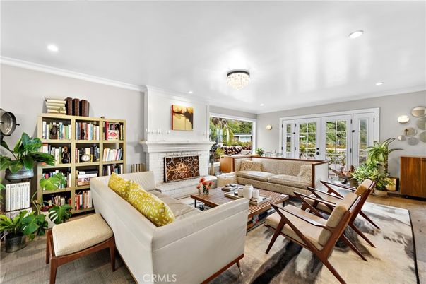 Chandelier, Fireplace, Interior, Living room, Recessed Lighting, Wood Texture Flooring