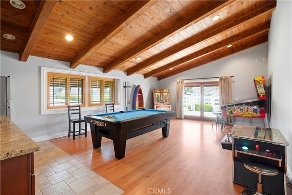 Billiard Table, Game Room, Interior, Recessed Lighting, Wooden Beams, Wooden Ceilings, Wood Texture Flooring