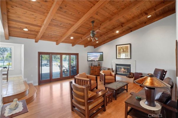 Fireplace, Interior, Living room, Recessed Lighting, Wooden Beams, Wooden Ceilings, Wood Texture Flooring