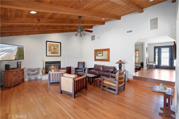 Fireplace, Interior, Living room, Recessed Lighting, Wooden Beams, Wooden Ceilings, Wood Texture Flooring