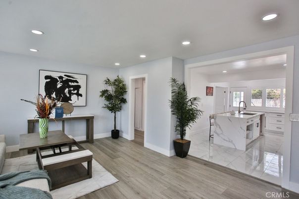 Interior, Kitchen, Marble, Recessed Lighting, Wood Texture Flooring